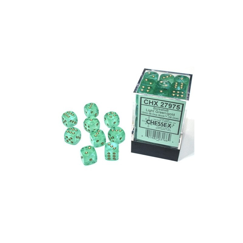 12MM D6 Light Green/Gold LUMINARY DICE BLOCK (36 Dés)