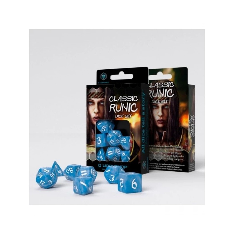 Ensemble de 7 dés runiques classiques bleus et blancs - Q Workshop