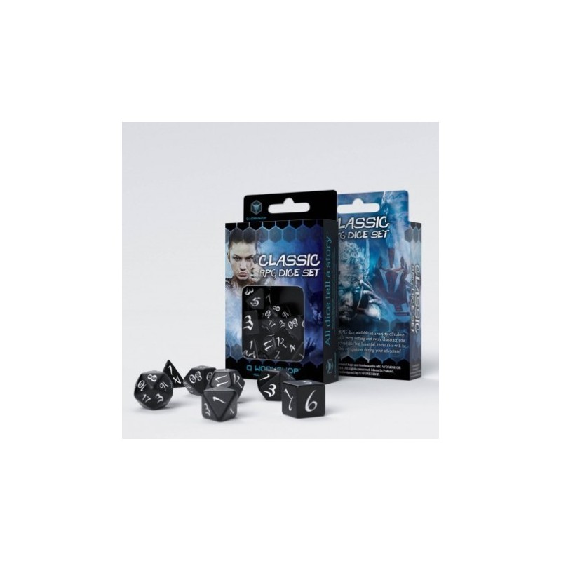 Ensemble de 7 dés pour jeux de rôle classiques noires et blancs - Q Workshop